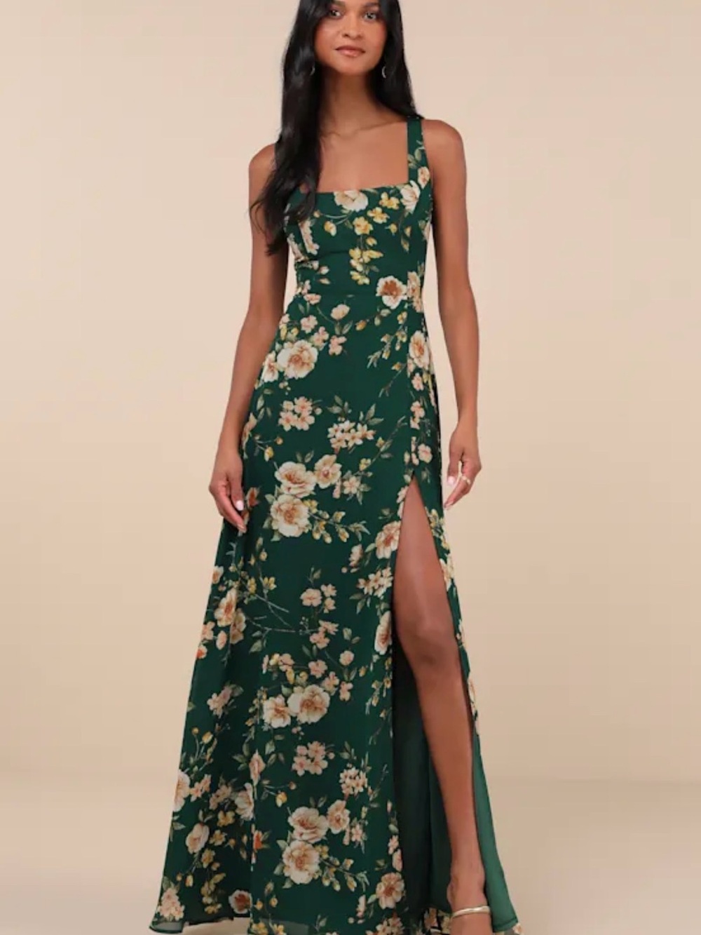 Lulu's Green Floral Maxi Dress with Side Slit